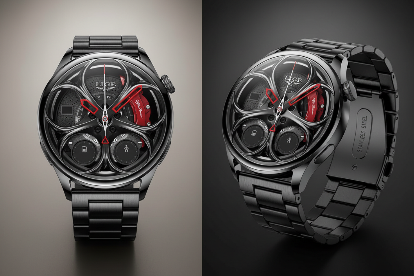 Smartwatch deportivo negro con correa metalica (Android/IOS)